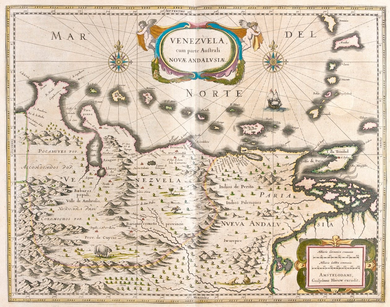 Venezuela, Trinidad, Tobago, Tortuga, Antillit , Karibianmeri, Willem Blaeun julkaisussa "Theatrum Orbis Terrarum, sive Atlas Novus", Amsterdam. tekijältä Willem Blaeu