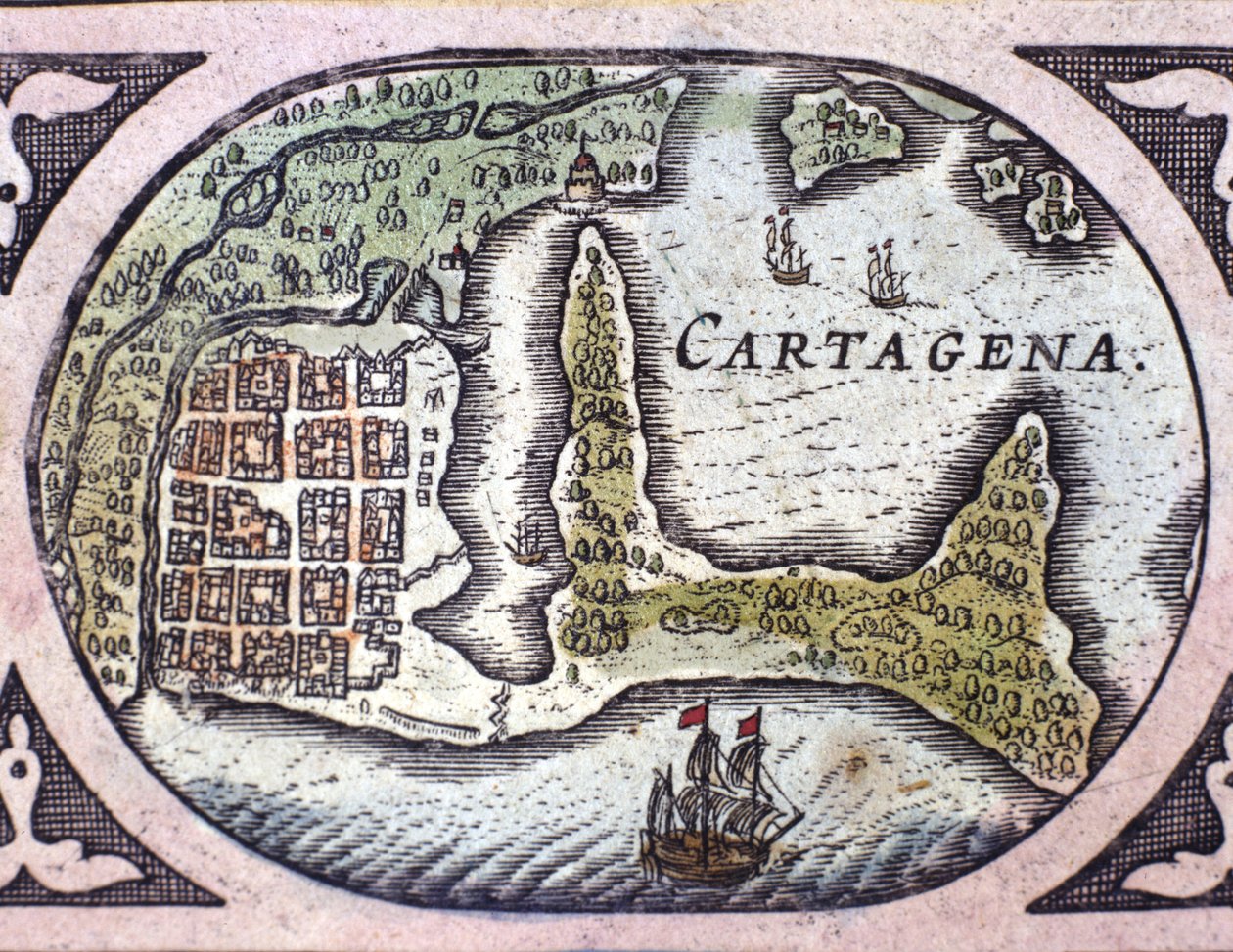 Näkymä Cartagenasta Kolumbiassa (Etelä-Amerikka). Yksityiskohta Willem Janszoon Blaeun (1571-1638) Atlas "" Le Theater du Monde" -kartasta tekijältä Willem Blaeu