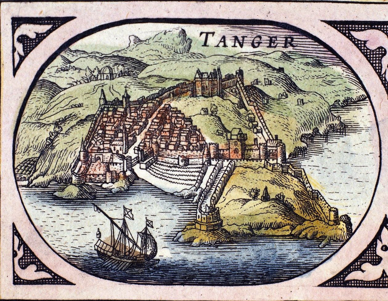 Näkymä Tangerin linnoituskaupunkiin ja rannikolle, Marokko. Kartta W. G. Blaeun hollantilaisesta atlaksesta, Amsterdam. tekijältä Willem Blaeu