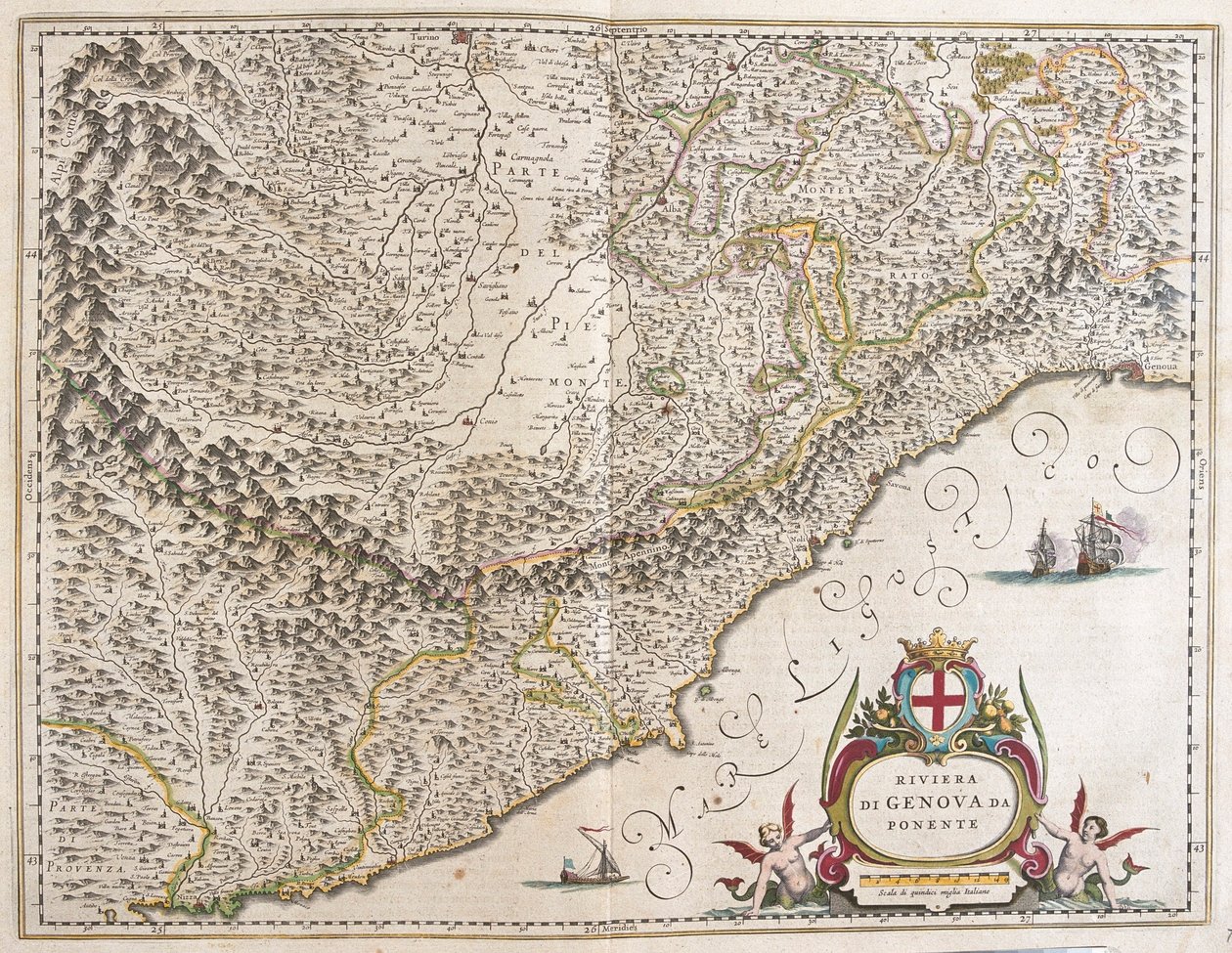 Läntinen Riviera Liguria, Italia, Willem Blaeun "Theatrum Orbis Terrarum, sive Atlas Novus" -teoksessa, Amsterdam tekijältä Willem Blaeu