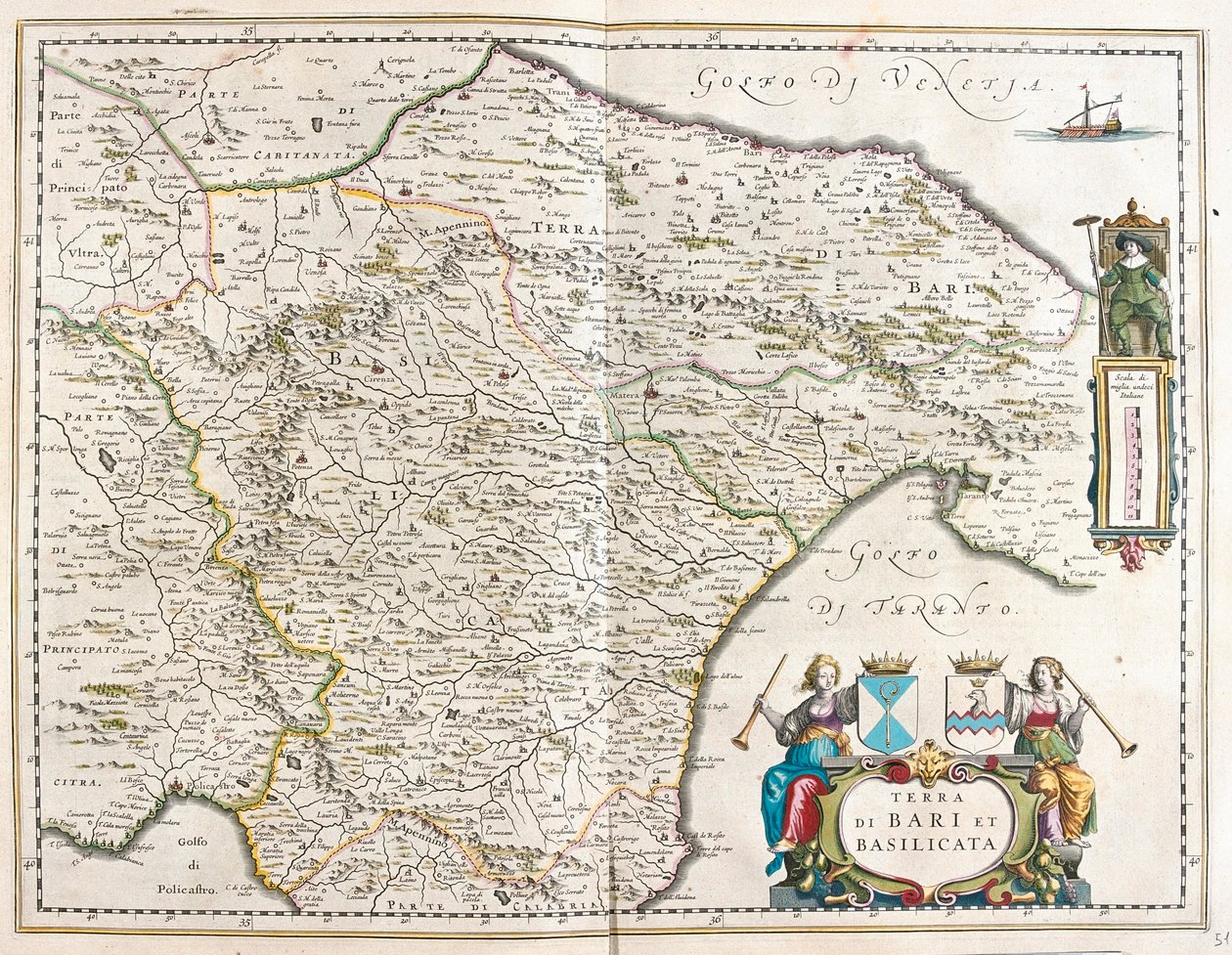 Barin ja Basilicatan kaupunki Italiassa, Willem Blaeun "Theatrum Orbis Terrarum, sive Atlas Novus", Amsterdam. tekijältä Willem Blaeu