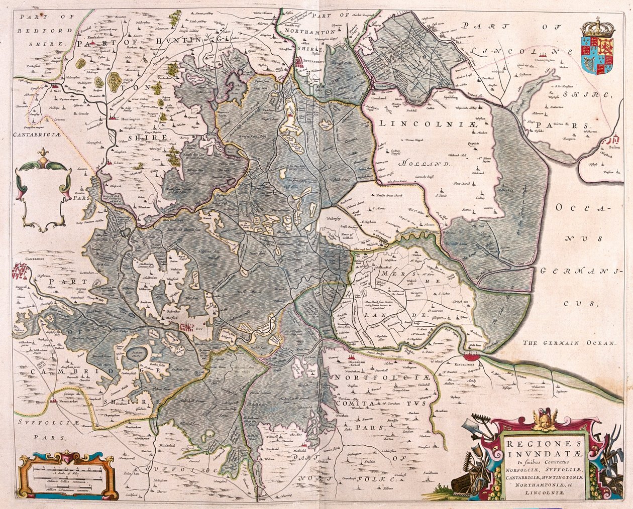 Norfolkin, Suffolkin, Huntingtonin, Northamptonin, Cambridgen ja Lincolnin "tulva-alueet", Willem Blaeun teoksessa "Theatrum Orbis Terrarum, sive Atlas Novus", Amsterdam. tekijältä Willem Blaeu