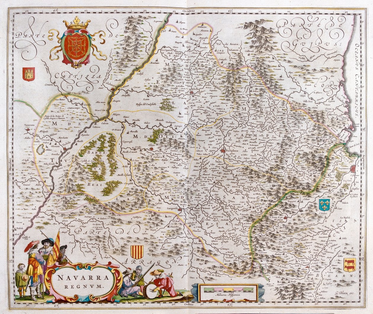 alue, johon kuuluvat Pamplona, Bayonne ja San Sebastian, Willem Blaeun Amsterdamissa julkaisemassa teoksessa "Theatrum Orbis Terrarum, sive Atlas Novus". tekijältä Willem Blaeu