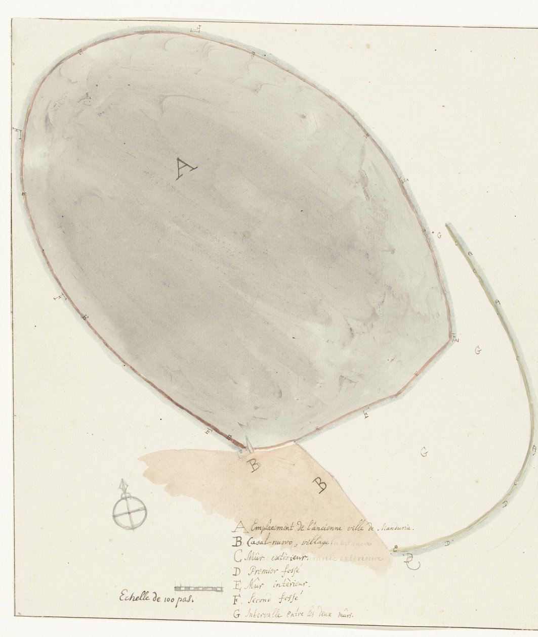 Plattegrond tapasi afmetingen van oude stad Manduria Mitattu suunnitelma muinaisen Mandurian ulko- ja sisäseinäkotelosta, herra Dierquens Matkat Italiassa, Sisiliassa ja Maltassa - 1778 (sarjan nimi) tekijältä Willem Carel Dierkens