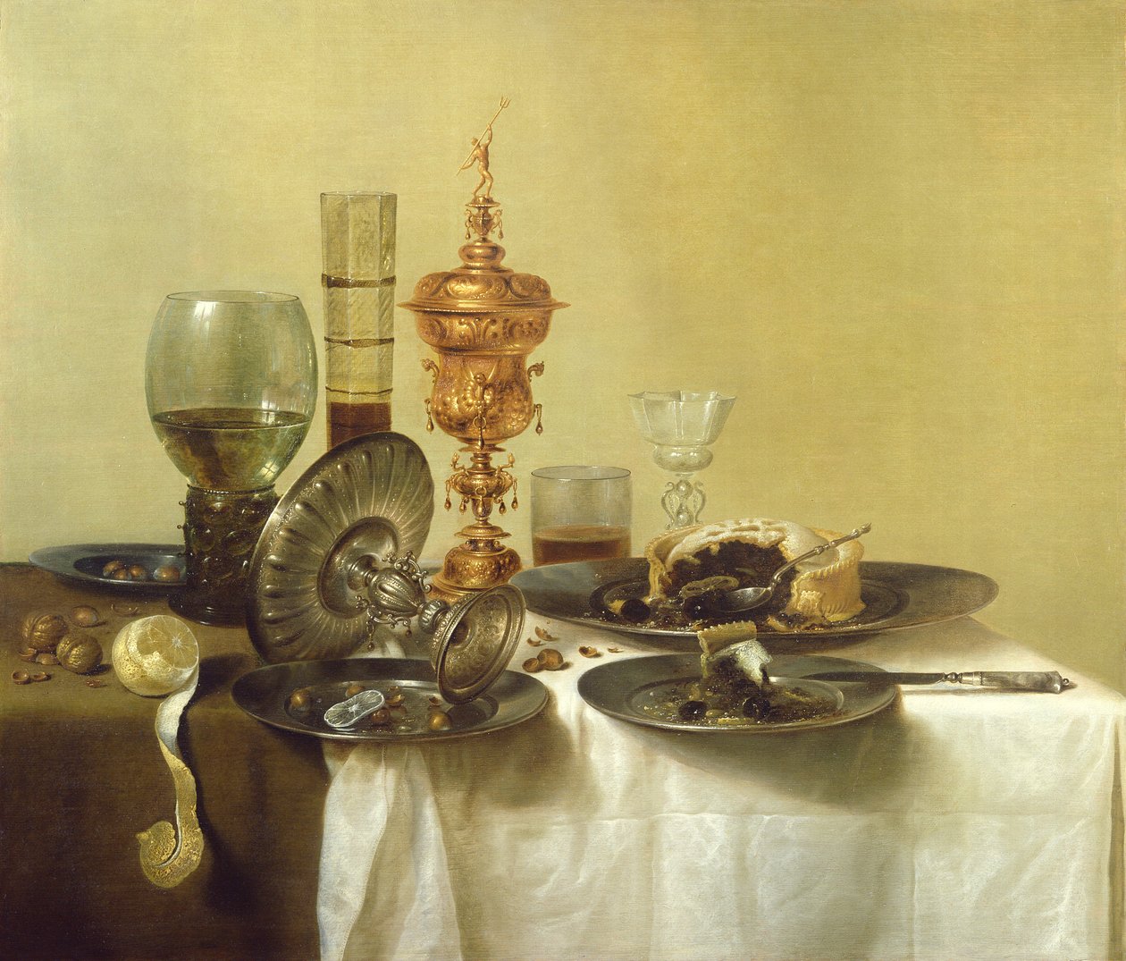 Asetelma lasien, lautasten ja ruoan kanssa, 1638 tekijältä Willem Claesz. Heda