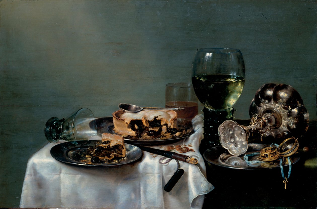 ""Aamiaispöydän asetelma ja karhunvatukkapiirakka"" (Aamiaispöytä ja karhunvatukkapiirakka) Willem Claesz Hedan (1594-1680) maalaus 1631 Dim 54x82 cm Öljy kankaalle Dresdenin valtion taidekokoelmat Dresden tekijältä Willem Claesz. Heda