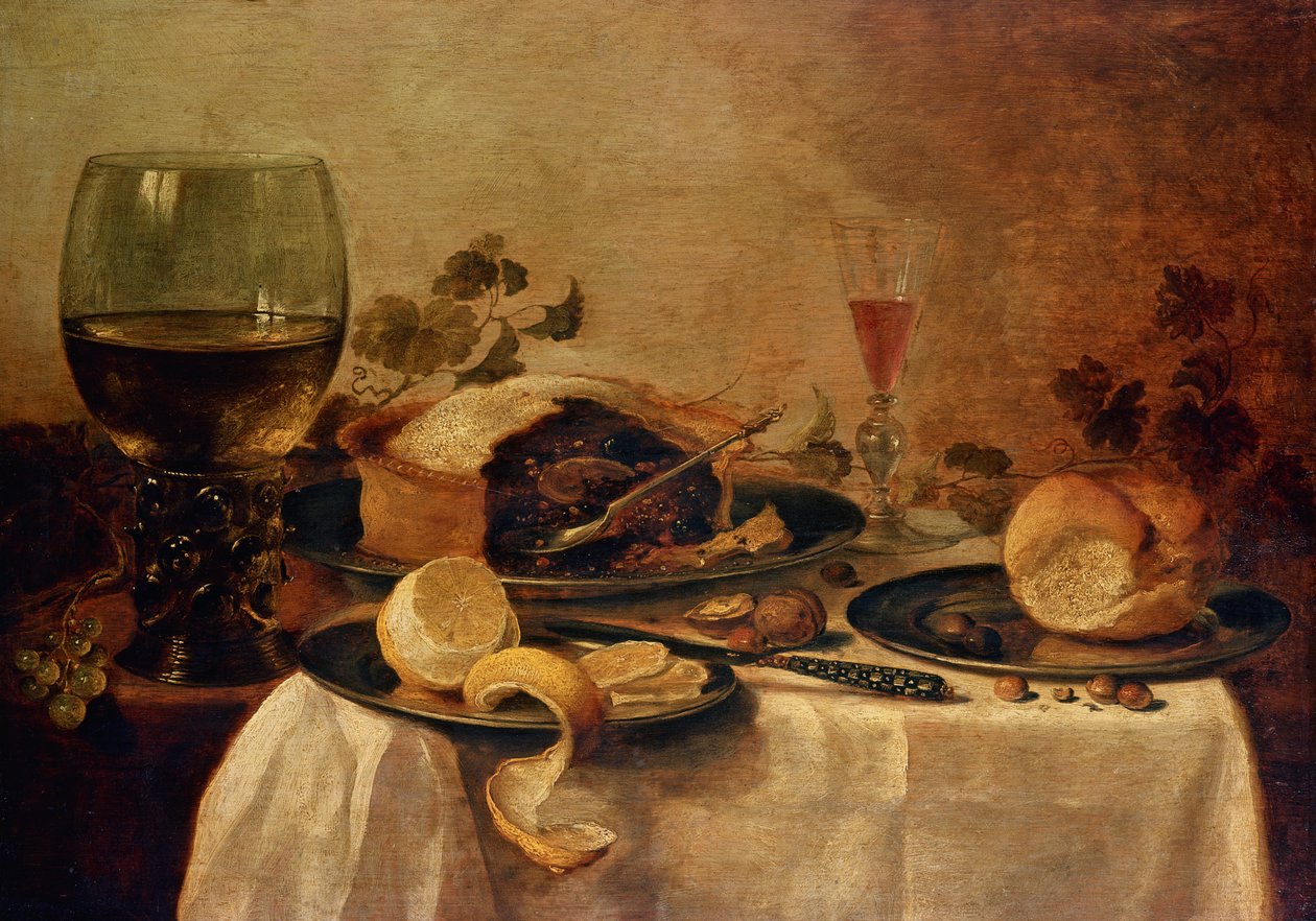 Asetelma hedelmäpiirakan kanssa, 1635 tekijältä Willem Claesz. Heda