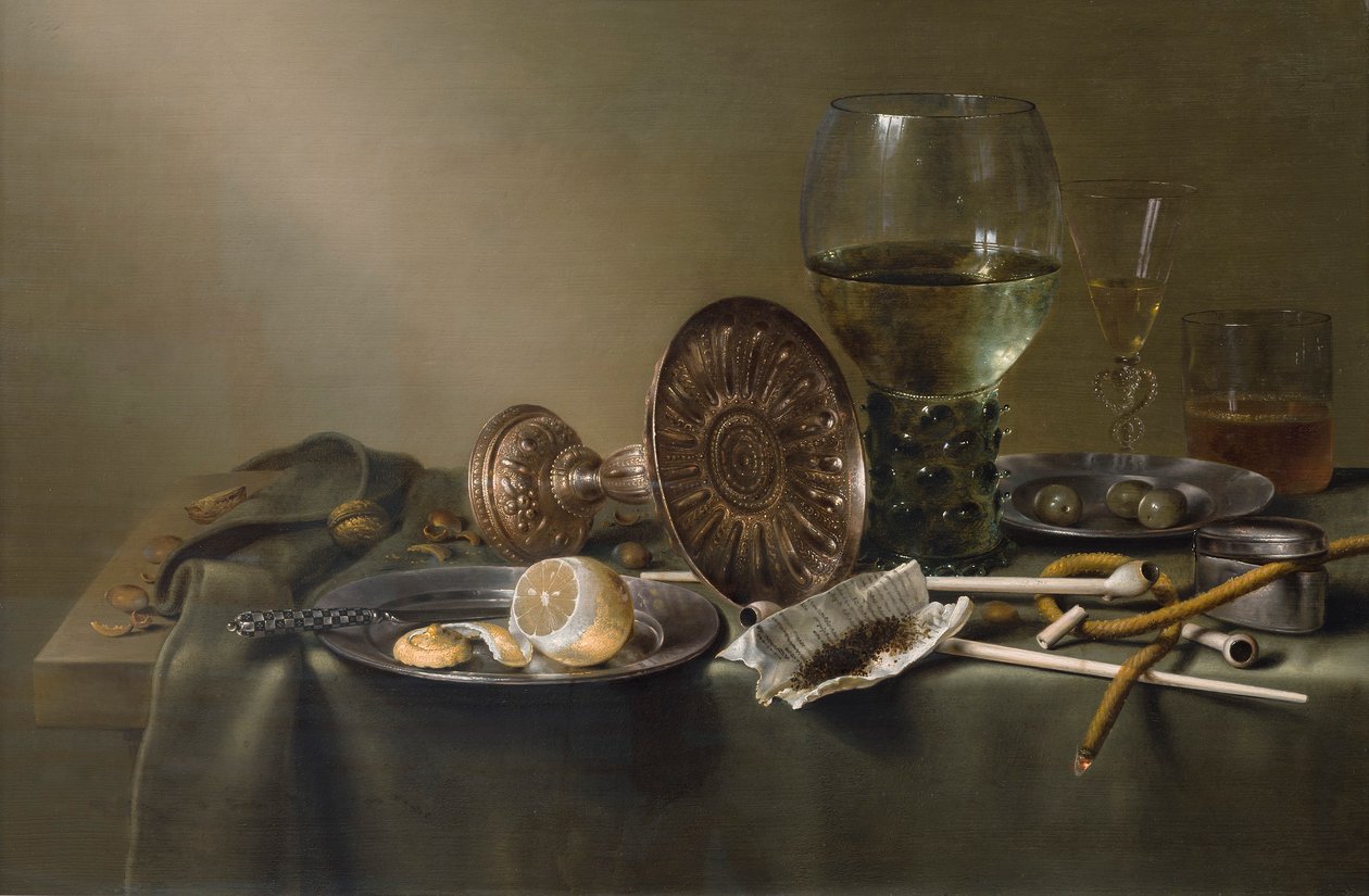 Asetelma lasien ja tupakan kanssa tekijältä Willem Claesz. Heda