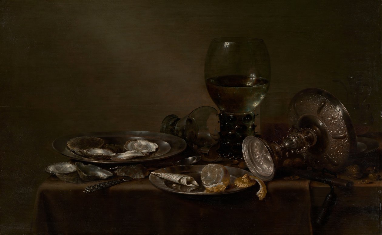 Asetelma ostereilla, hopea tazza ja lasitavara, 1635. tekijältä Willem Claesz. Heda