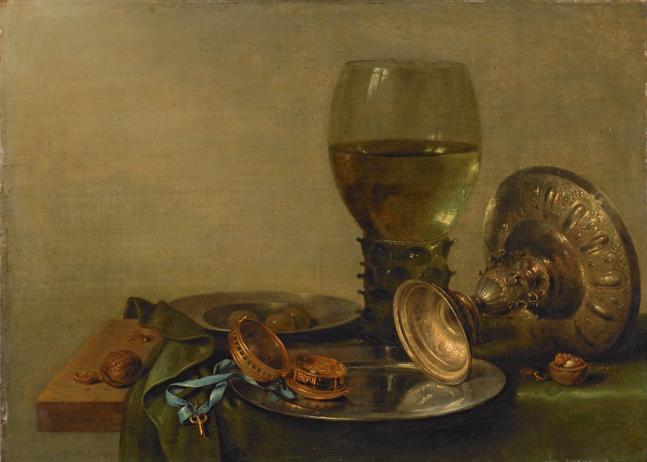 Asetelma hopeisen tazzan kanssa tekijältä Willem Claesz. Heda