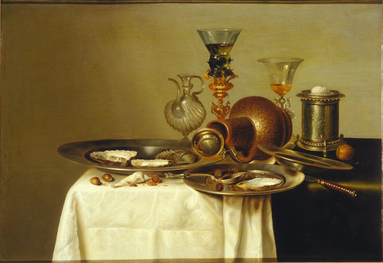 Asetelma roemerin kanssa kullatulla telineellä, kivitavaraa ja ostereita, 1637. tekijältä Willem Claesz. Heda