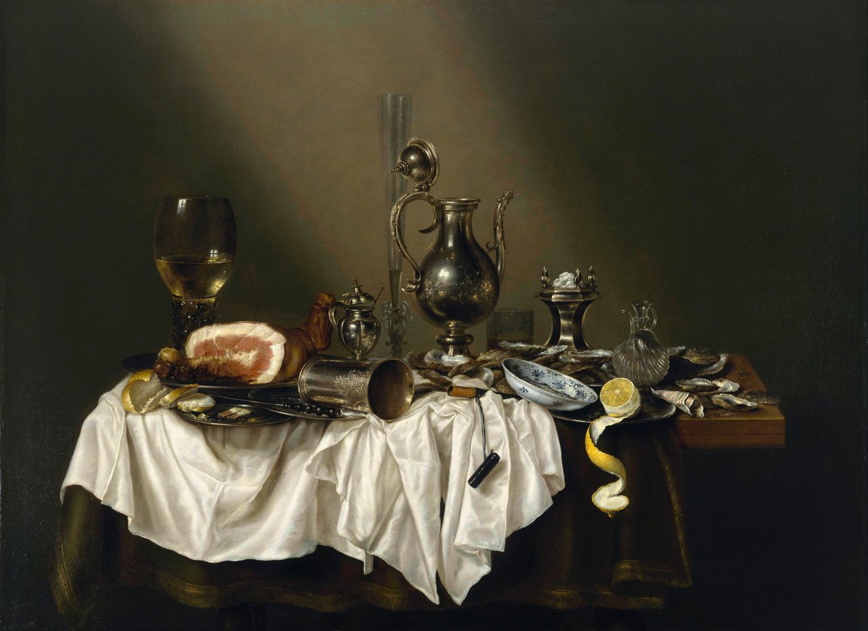 ""Table de banquet avec jambon"" (Banquet Piece with Ham) Peinture de Willem Claesz (Claeszoon) Heda (1594-1680) - 1656 - Öljy kankaalle Koko 111x152 cm Museum of Fine Arts, Houston tekijältä Willem Claesz. Heda