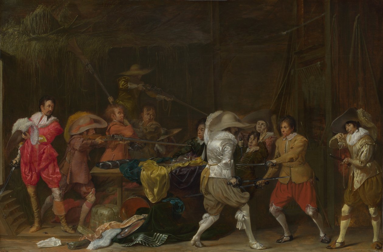Sotilaat taistelevat Bootysta navetassa, n. 1623 tekijältä Willem Cornelisz Duyster