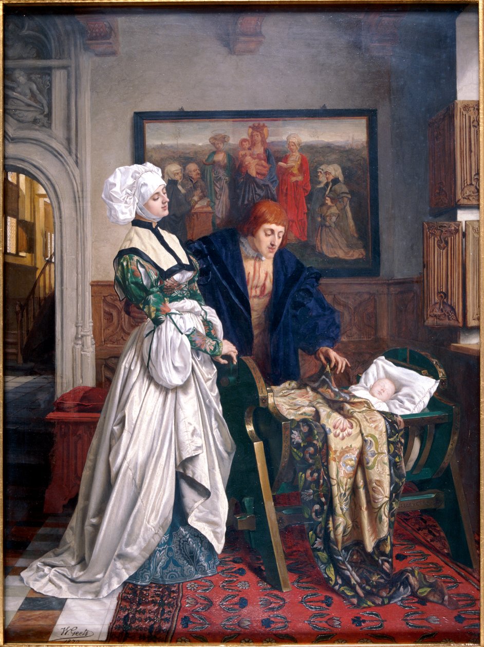 "Charles V ja Jeanne Vandergeynst tyttärensä Margueriten kehdossa", 1870. tekijältä Willem Geets