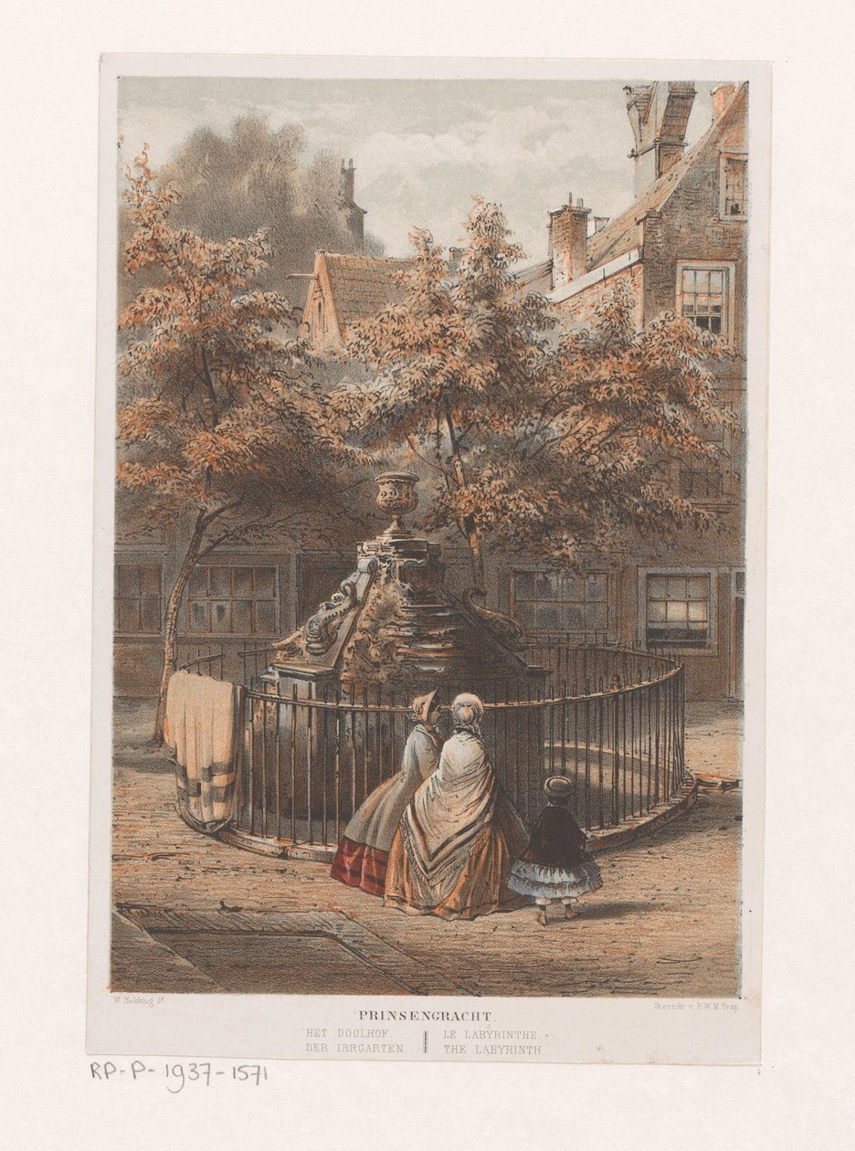 Suihkulähde sokkelossa Amsterdamissa Prinsengracht labyrintti / der Irrgarten / le labyrinthe / labyrintti (otsikko esineessä) tekijältä Willem Hekking jr.