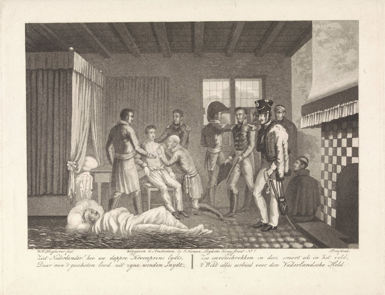 Orangen prinssi haavansa jälkeen kenttäsairaalan hoidossa, 1815 tekijältä Willem Hendrik Hoogkamer