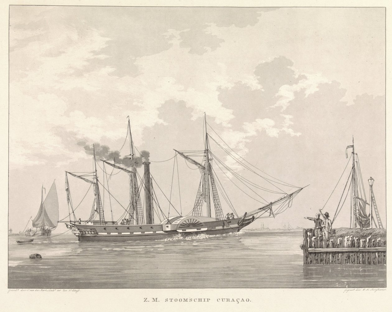 Mela höyrylaiva laiturilla Z.M. Steamship Curaçao (otsikko esineessä) tekijältä Willem Hendrik Hoogkamer