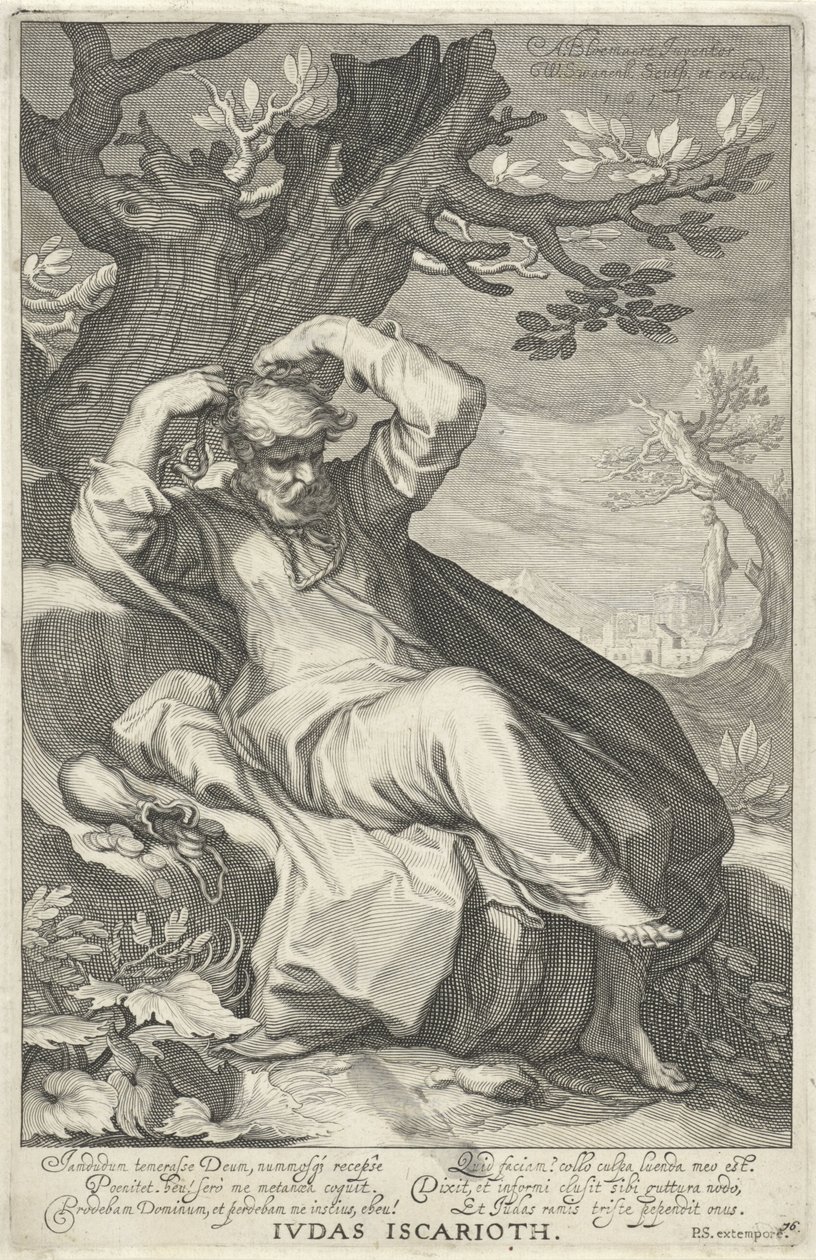 Juudas Iskariot hirttää itsensä Juudas Iskariot (otsikko esineessä) Syntiset vanhasta ja uudesta testamentista (sarjan nimi) tekijältä Willem Isaacsz. van Swanenburg