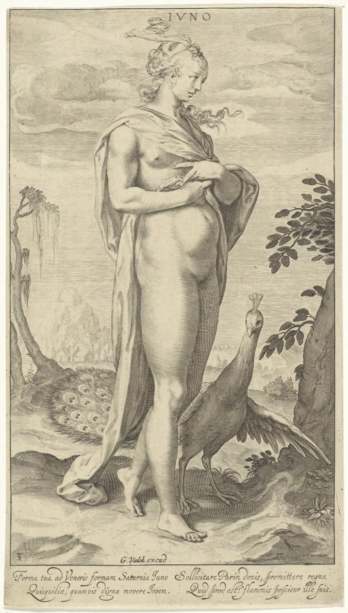 Juno riikinkukon kanssa Iuno (otsikko esineessä) Pariisin tuomio (sarjan nimi) tekijältä Willem Isaacsz. van Swanenburg