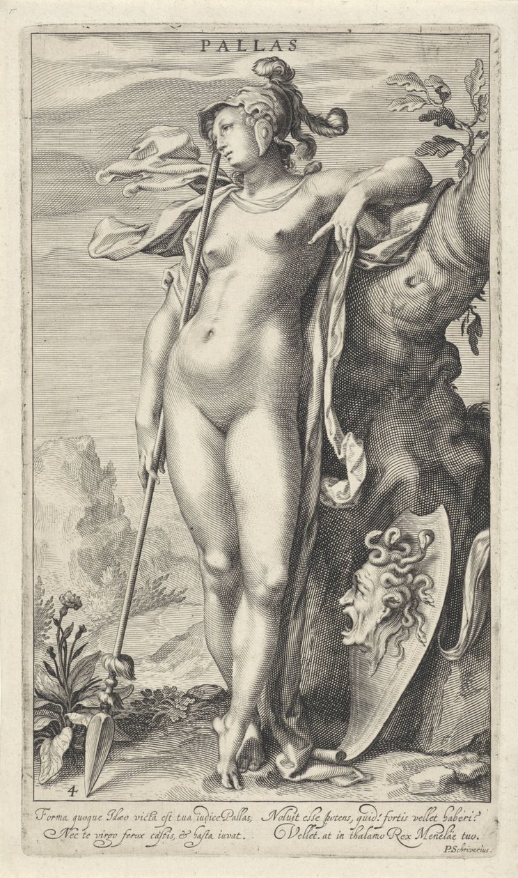Minerva puun vieressä Pallas (otsikko esineessä) Pariisin tuomio (sarjan nimi) tekijältä Willem Isaacsz. van Swanenburg
