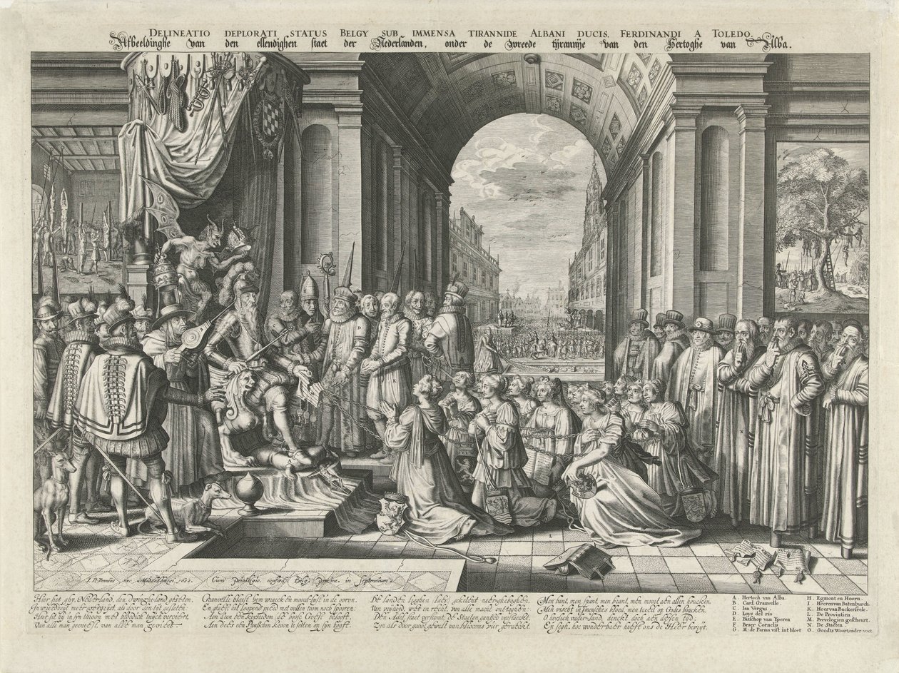 Alban tyrannia, noin 1569 Delineatio deplorati status Belgy sub immensa tyrannide Albani ducis, Ferdinandi a Toledo (otsikko esineessä) Kuva Alankomaiden kurjasta tilasta Alban herttuan julman tyrannian alaisuudessa (otsikko tekijältä Willem Jacobsz Delff (attributed to)