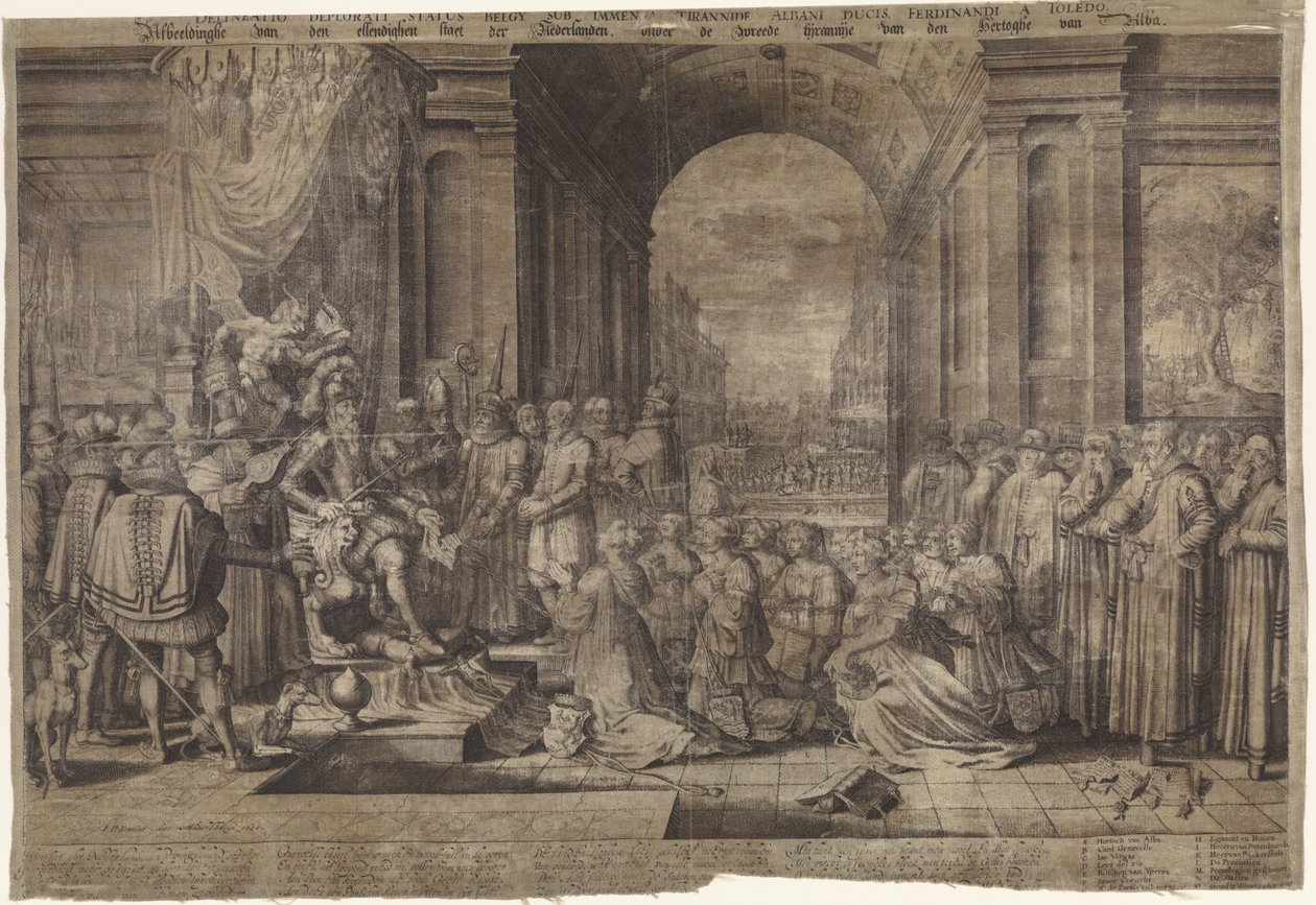 Alvan tyrannia Kuva Alankomaiden kurjasta tilasta Alban herttuan julman tyrannian alla (otsikko esineessä) Delineatio deplorati status belgy sub immensa tyrannide Albani ducis Fernandi a Toledo (otsikko esineessä) tekijältä Willem Jacobsz Delff