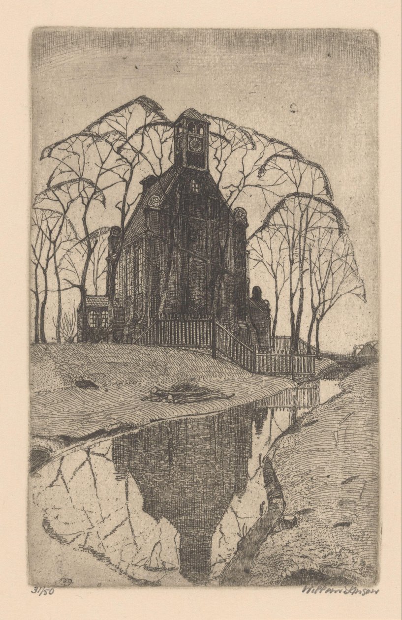kylän kirkko tekijältä Willem Jansen (graveur) (signed by artist)