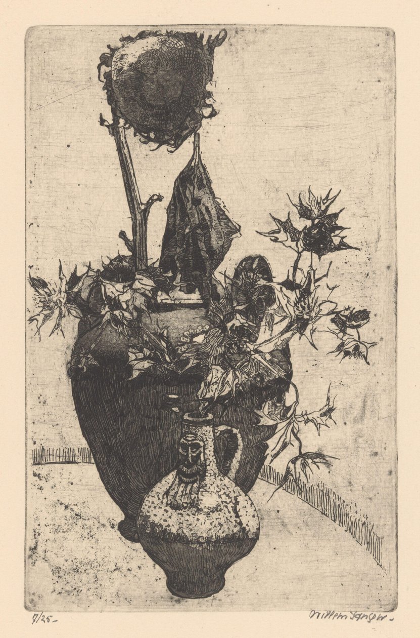 Asetelma kuihtuneen auringonkukan kanssa tekijältä Willem Jansen (graveur) (signed by artist)