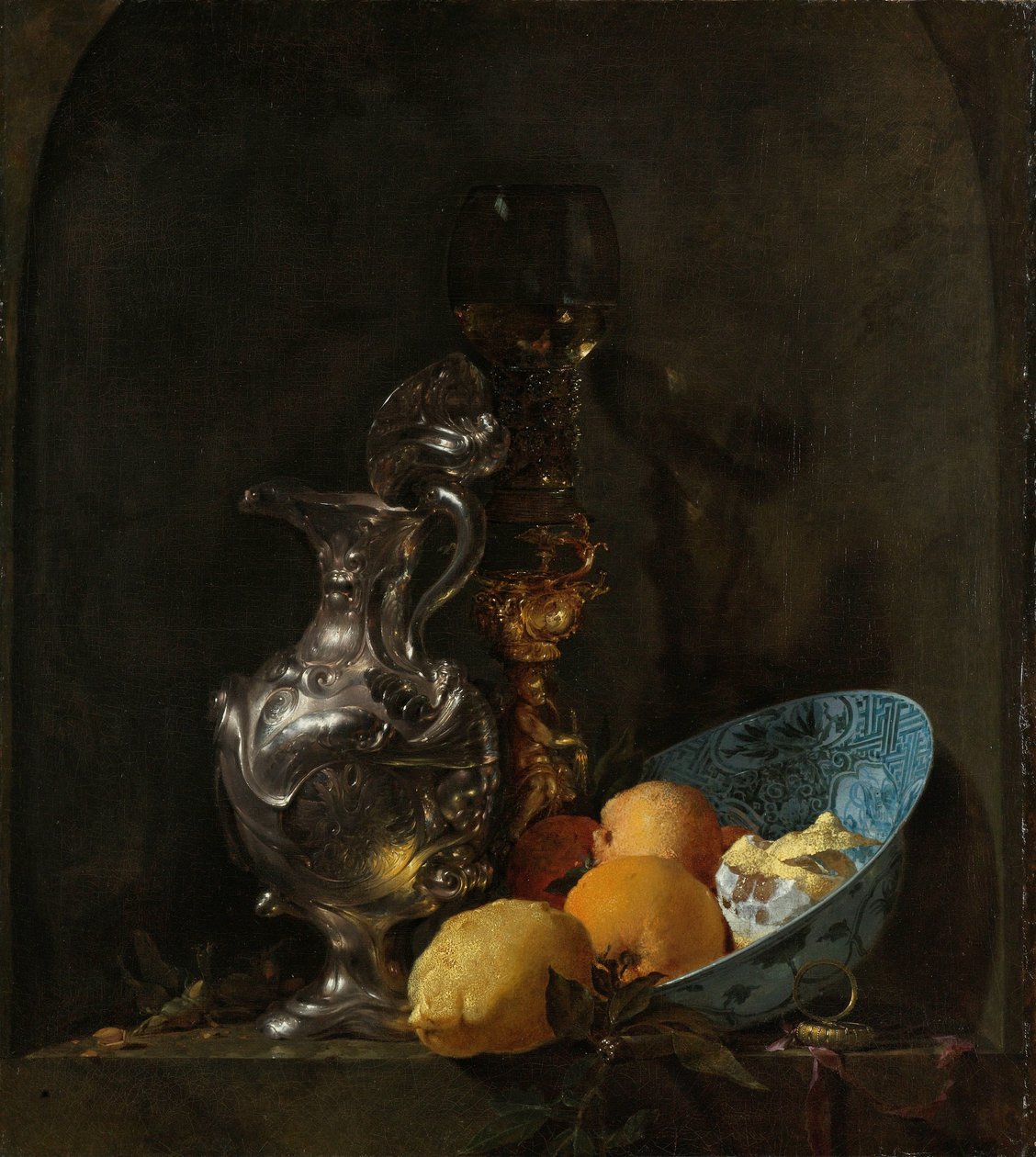 Asetelma hopeakannulla ja posliinikulholla Asetelma hopeakannulla tekijältä Willem Kalf