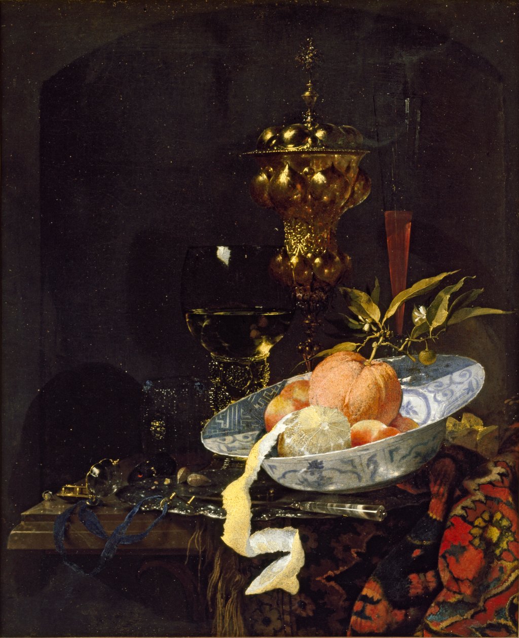 Asetelma itämaisella matolla, 1660-luvun alku tekijältä Willem Kalf