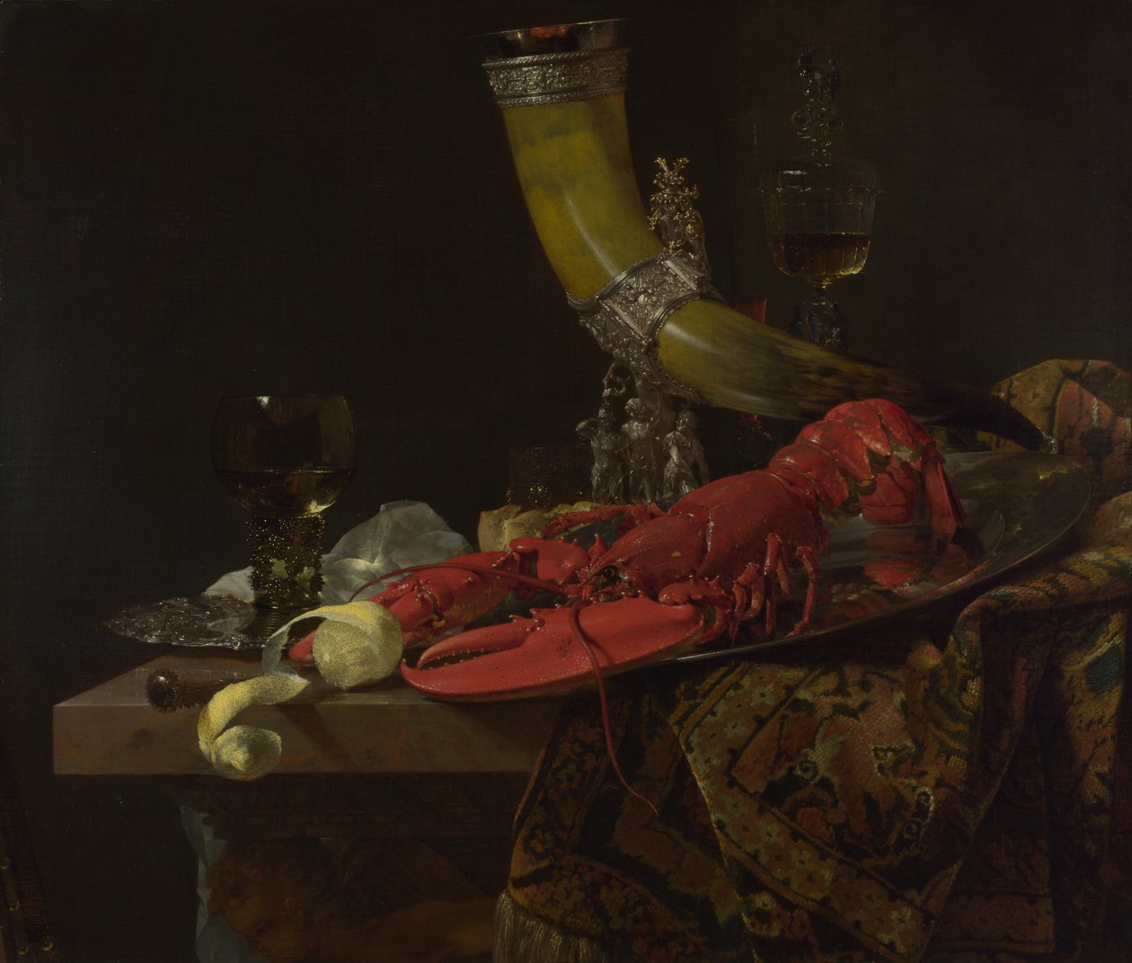 Asetelma Pyhän Sebastianin jousimieskillan juomatorven kanssa, hummeri ja lasit, n. 1653 tekijältä Willem Kalf