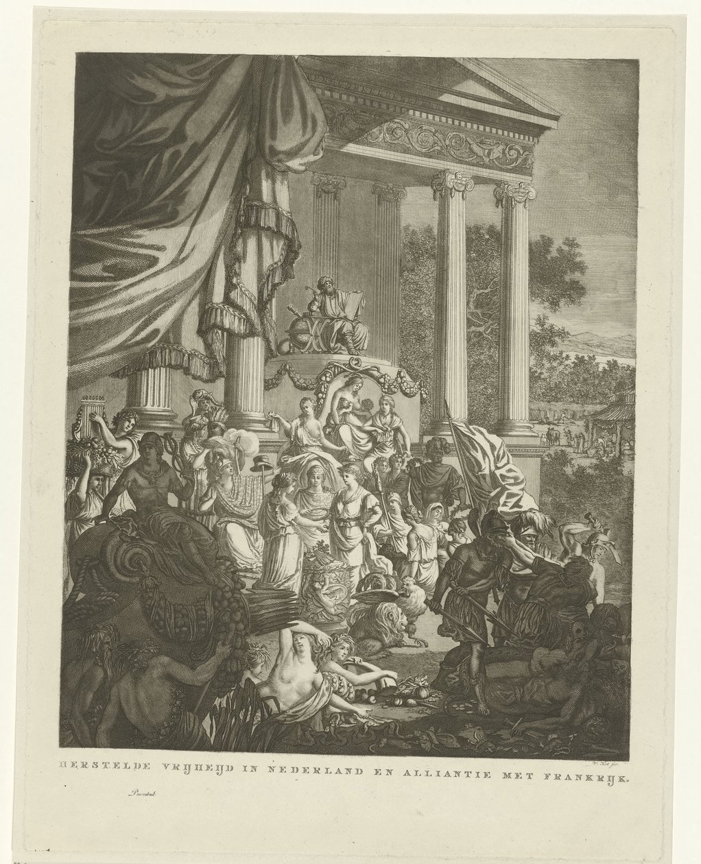 Allegorinen esitys Alankomaiden ja Ranskan välisestä liitosta, 1795 Palautettu vapaus Alankomaissa ja liitto Ranskan kanssa (otsikko esineessä) tekijältä Willem Kok