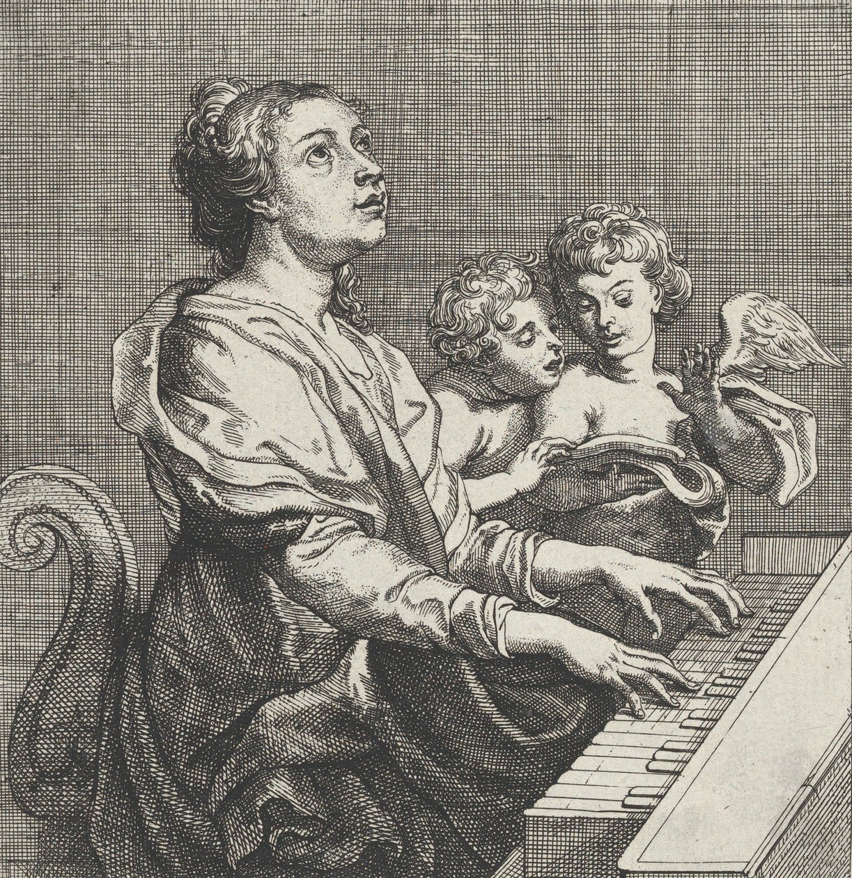Saint Cecilia soittaa urkuja kahdella putilla oikealla, n. 1631. tekijältä Willem Panneels