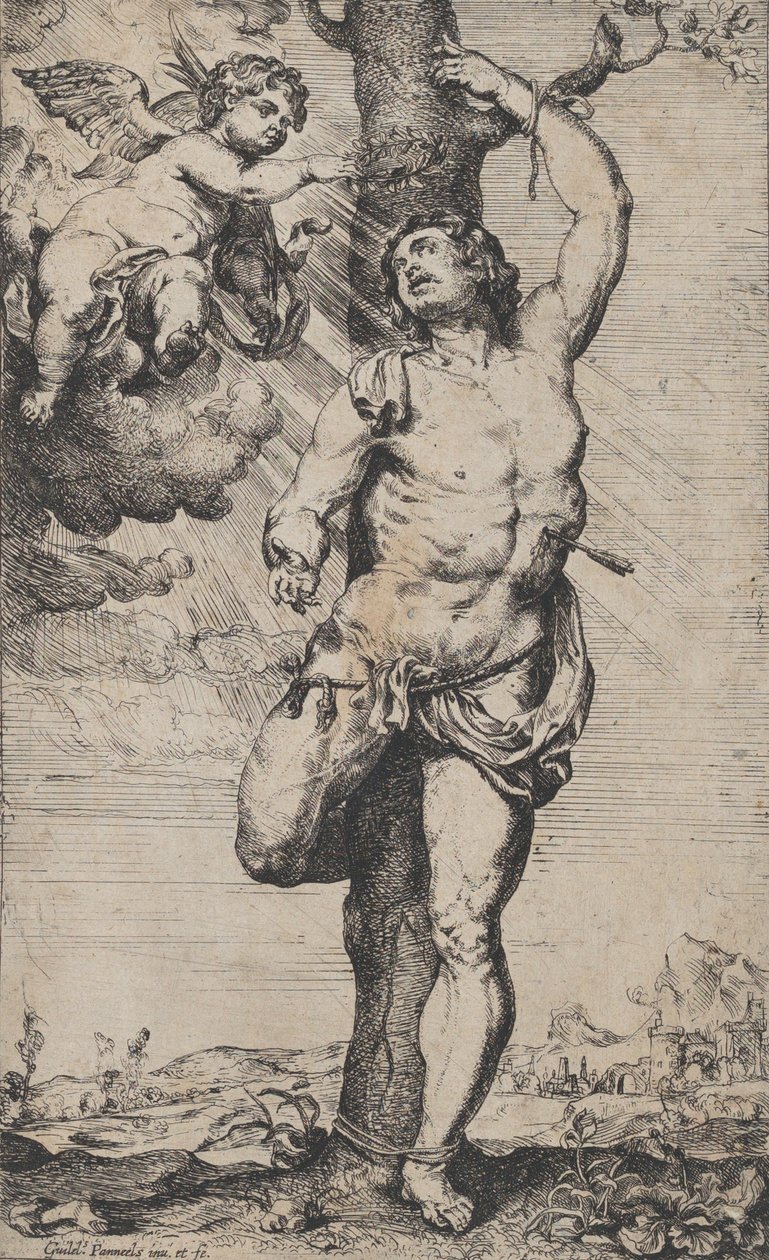 Pyhän Sebastianin marttyyrikuolema, enkelit kruunasivat hänet vasemmassa yläkulmassa, n. 1620-32.. tekijältä Willem Panneels