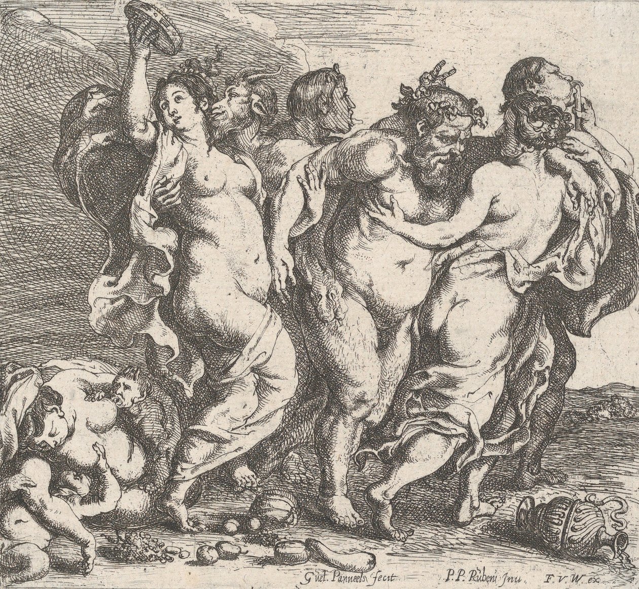 Juopunut Silenus nymfien ja satyyrien seurassa, 1632. tekijältä Willem Panneels