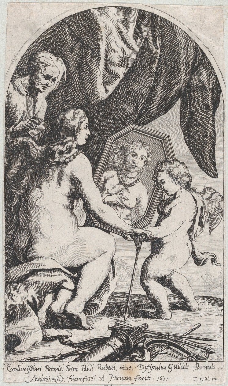 Venus peilin edessä, jota Cupid pitelee, kun vanha nainen kampaa hänen hiuksiaan, 1631. tekijältä Willem Panneels