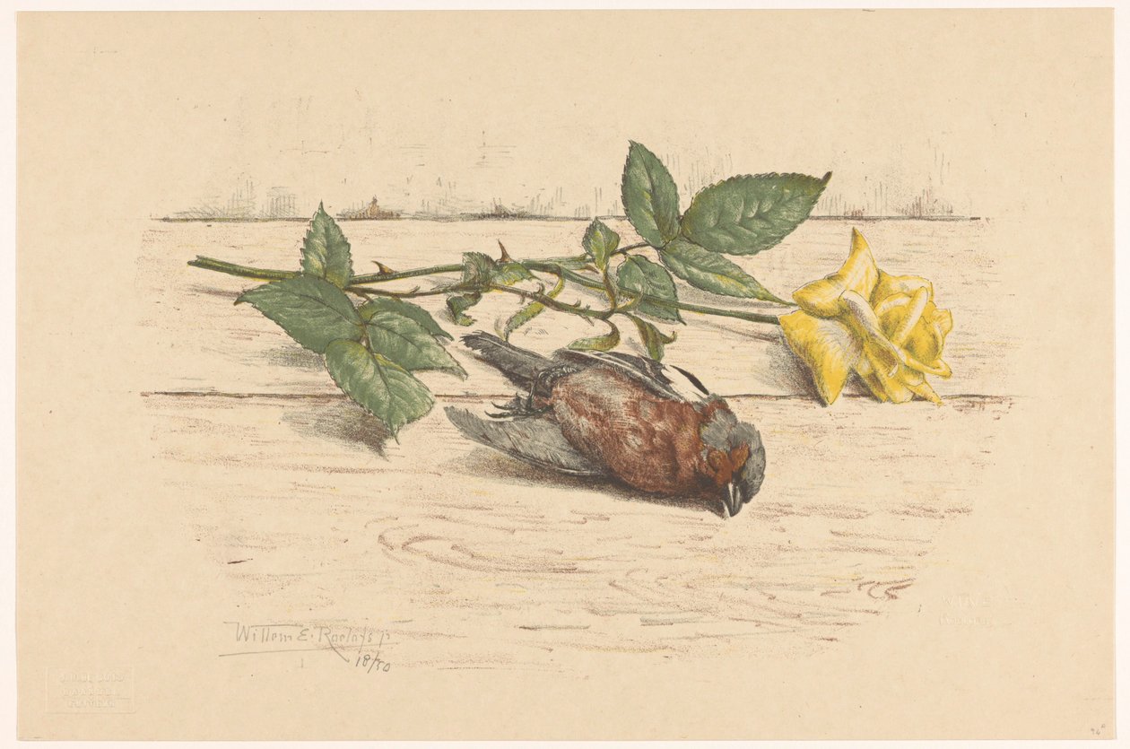 Kuollut peippo makaa ruusun vieressä tekijältä Willem Roelofs (II) (signed by artist)