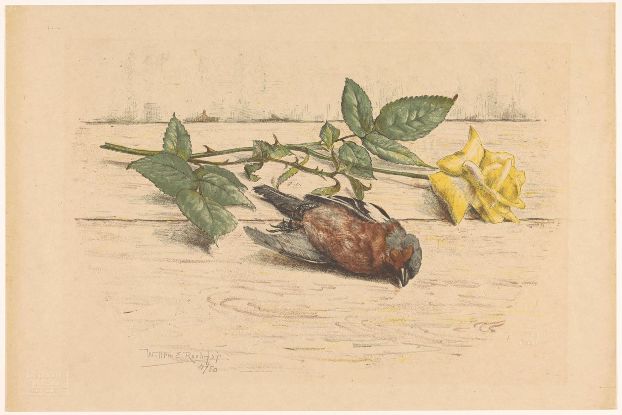 Kuollut peippo makaa ruusun vieressä tekijältä Willem Roelofs (II) (signed by artist)