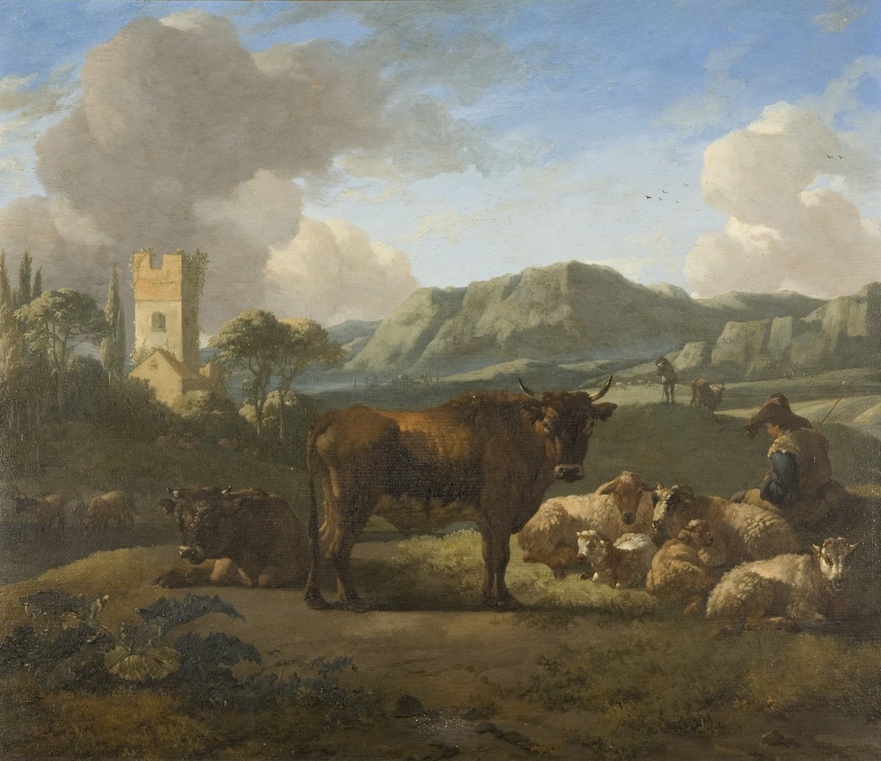 Nautakarja ja paimenet mäkisessä maisemassa, n. 1650-1670 (öljy paneelille) tekijältä Willem Romeyn