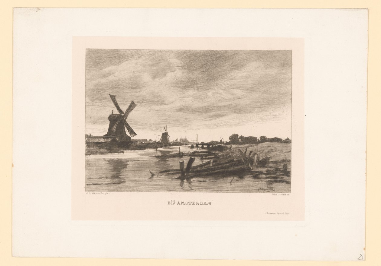 Maisema tuulimyllyillä kanavan varrella Lähellä Amsterdamia (otsikko esineessä) tekijältä Willem Steelink (II)