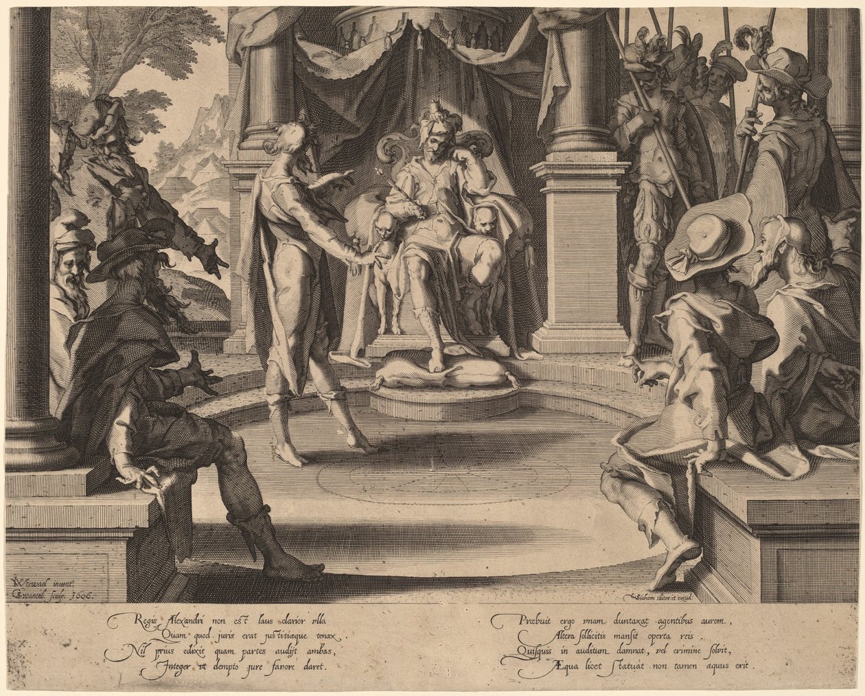 Aleksanteri Suuri istuu oikeuden edessä tekijältä Willem Swanenburgh, after Joachim Anthonisz Wtewael
