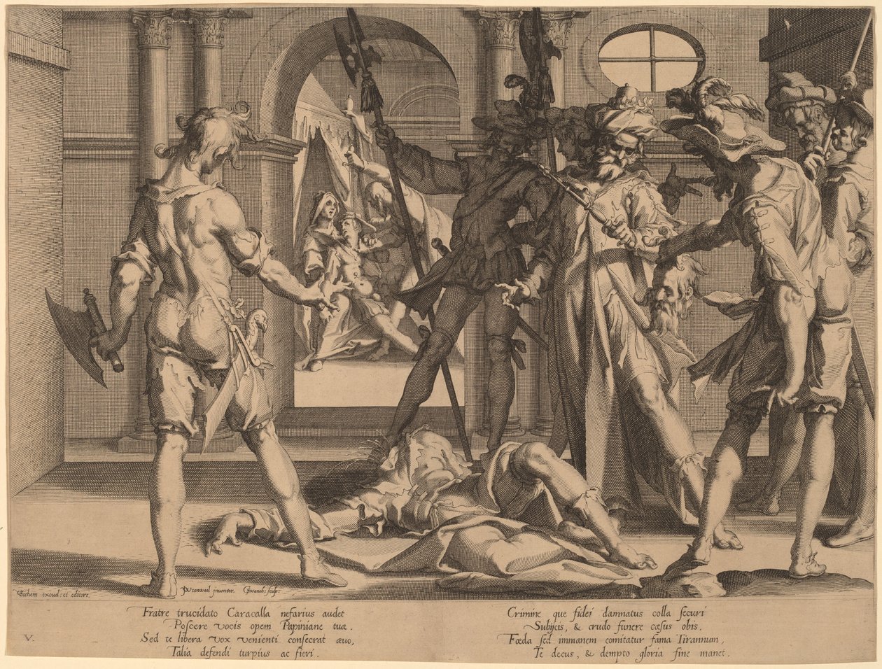 Rooman tuomari Papinianuksen mestaus tekijältä Willem Swanenburgh, after Joachim Anthonisz Wtewael