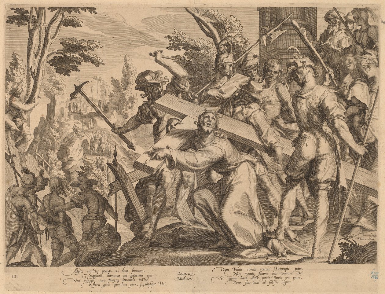Kristus kantaa ristiä tekijältä Willem Swanenburgh, after Joachim Anthonisz Wtewael