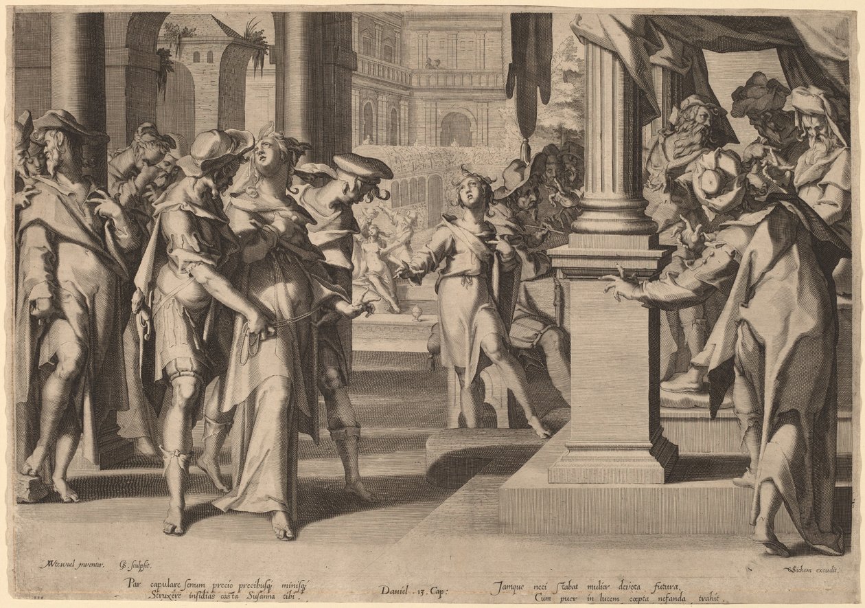 Suzannah ennen Danielia tekijältä Willem Swanenburgh, after Joachim Anthonisz Wtewael