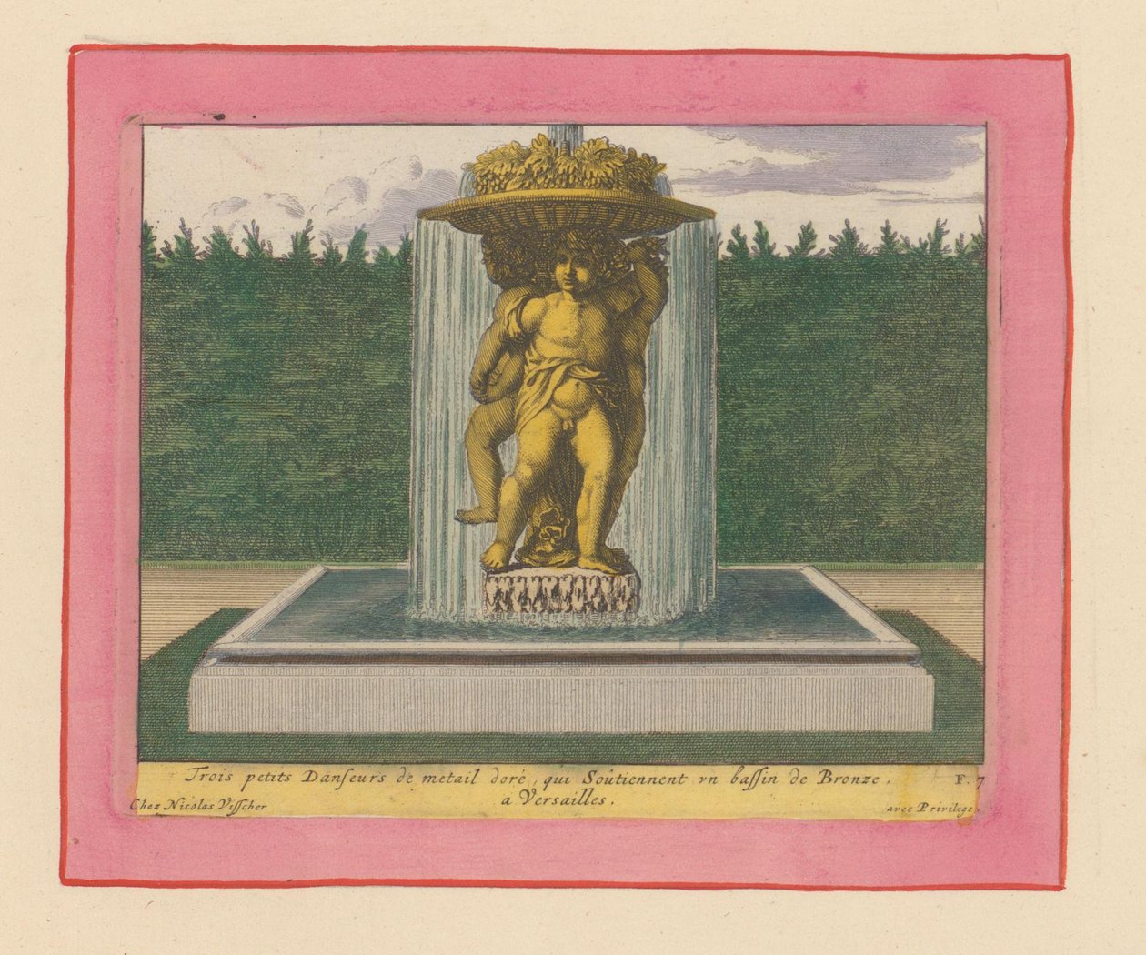 Brunnen mit einer Statue von drei tanzenden Putti, die eine Schale über ihren Köpfen tragen tekijältä Willem Swidde