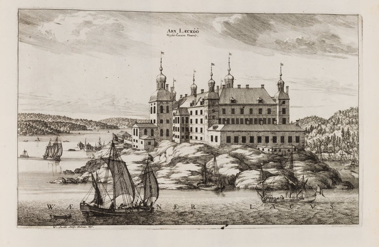 Läckön linna Vänernin puolelta, teoksesta "Suecia antiqua et hodierna" tekijältä Willem Swidde