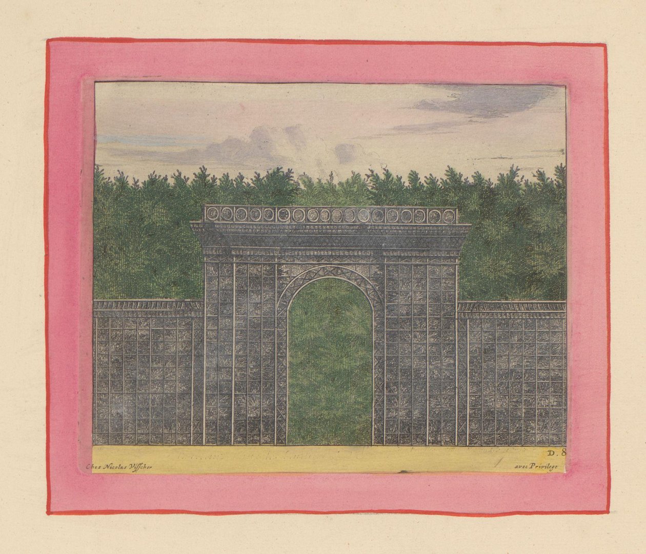 Rechteckiger Pavillon aus Lattenwerk mit Tor für eine Hecke in den Gärten von Versailles tekijältä Willem Swidde