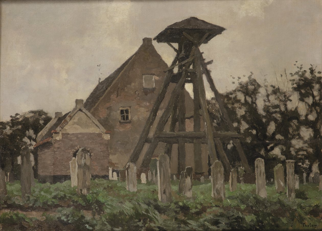 Giethoornin kirkko ja kellotapuli (öljy kankaalle, paneelille kiinnitetty) tekijältä Willem Tholen