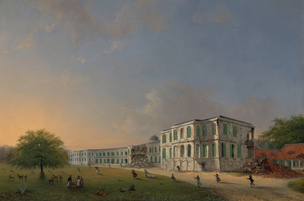Etunäkymä Buitenzorgin palatsista maanjäristyksen aikana 10. lokakuuta 1834 Etunäkymä Buitenzorgin palatsista 10. lokakuuta 1834 tapahtuneen maanjäristyksen jälkeen tekijältä Willem Troost (II)