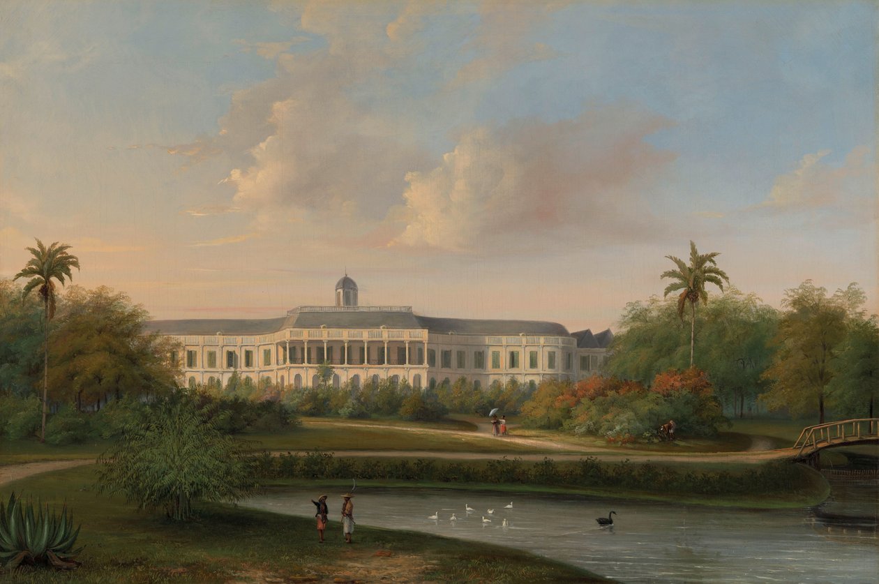 Buitenzorgin palatsin takaa katsottuna ennen maanjäristystä 10. lokakuuta 1834 tekijältä Willem Troost (II)